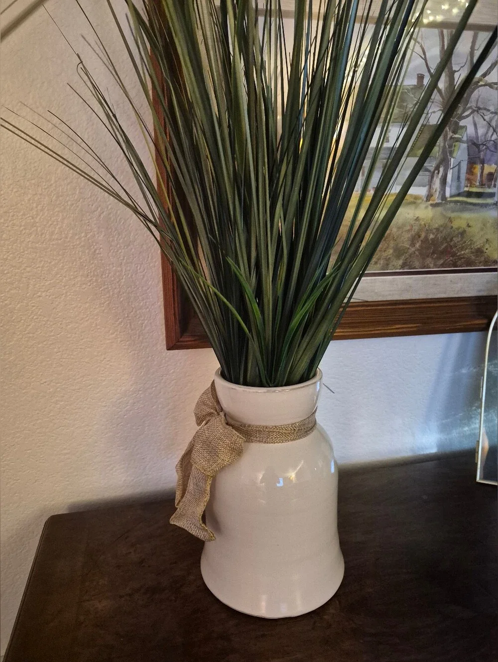 Neutral Ceramic Vase with Burlap Bow and Green Grass Stems For SALE